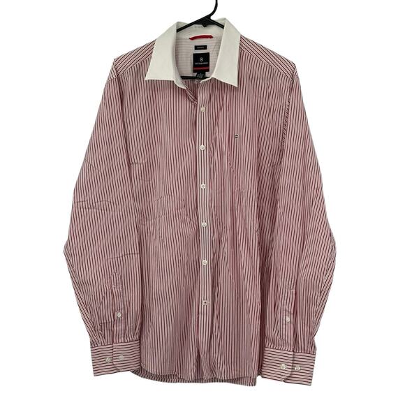 Victorinox Shirt Mens Large Button Up Tailored Fit Red‎ Pinstripe Office Preppy - Picture 1 of 7